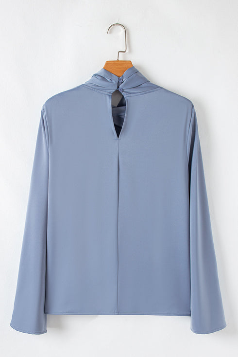 Asymmetric Pleated Turtleneck Bell Sleeve Satin Blouse