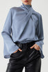 Asymmetric Pleated Turtleneck Bell Sleeve Satin Blouse