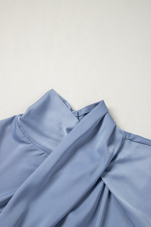 Asymmetric Pleated Turtleneck Bell Sleeve Satin Blouse