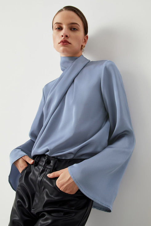 Asymmetric Pleated Turtleneck Bell Sleeve Satin Blouse