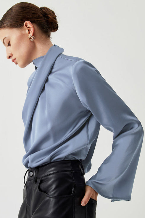 Asymmetric Pleated Turtleneck Bell Sleeve Satin Blouse