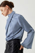 Asymmetric Pleated Turtleneck Bell Sleeve Satin Blouse