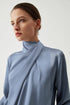 Asymmetric Pleated Turtleneck Bell Sleeve Satin Blouse