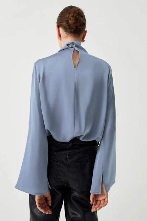 Asymmetric Pleated Turtleneck Bell Sleeve Satin Blouse