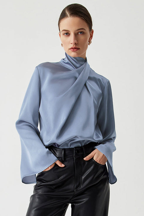 Asymmetric Pleated Turtleneck Bell Sleeve Satin Blouse
