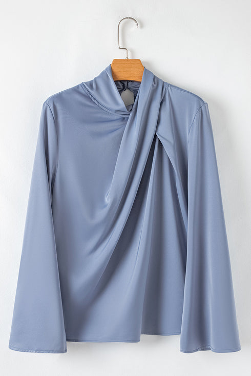 Asymmetric Pleated Turtleneck Bell Sleeve Satin Blouse
