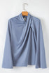Asymmetric Pleated Turtleneck Bell Sleeve Satin Blouse