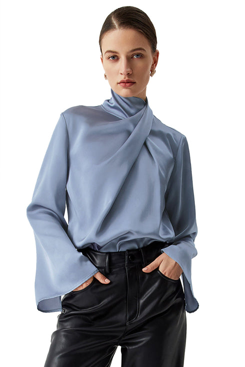 Asymmetric Pleated Turtleneck Bell Sleeve Satin Blouse