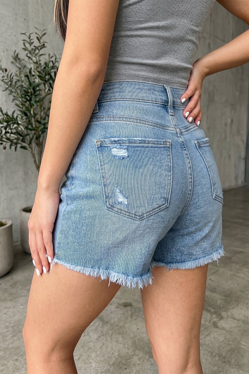 Asymmetric Raw Hem Distressed Whiskery Western Denim Shorts