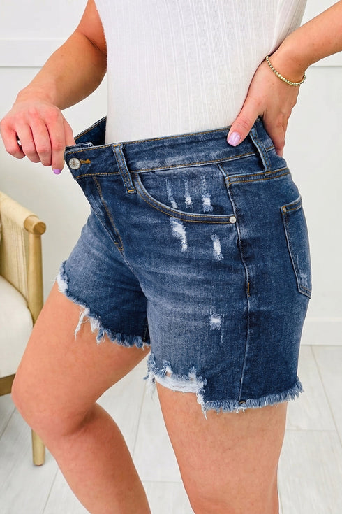 Asymmetric Raw Hem Distressed Whiskery Western Denim Shorts