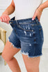Asymmetric Raw Hem Distressed Whiskery Western Denim Shorts