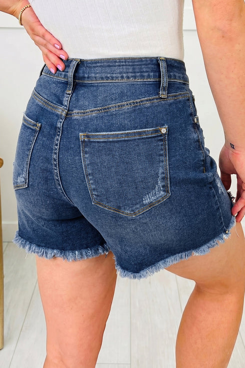 Asymmetric Raw Hem Distressed Whiskery Western Denim Shorts