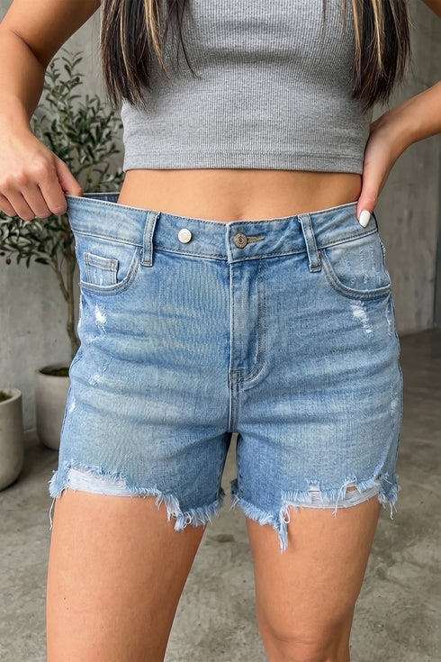 Asymmetric Raw Hem Distressed Whiskery Western Denim Shorts