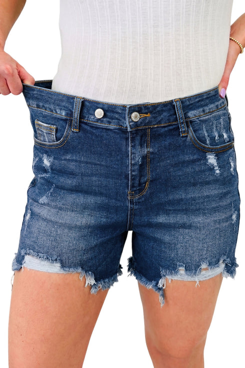Asymmetric Raw Hem Distressed Whiskery Western Denim Shorts
