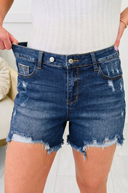 Asymmetric Raw Hem Distressed Whiskery Western Denim Shorts