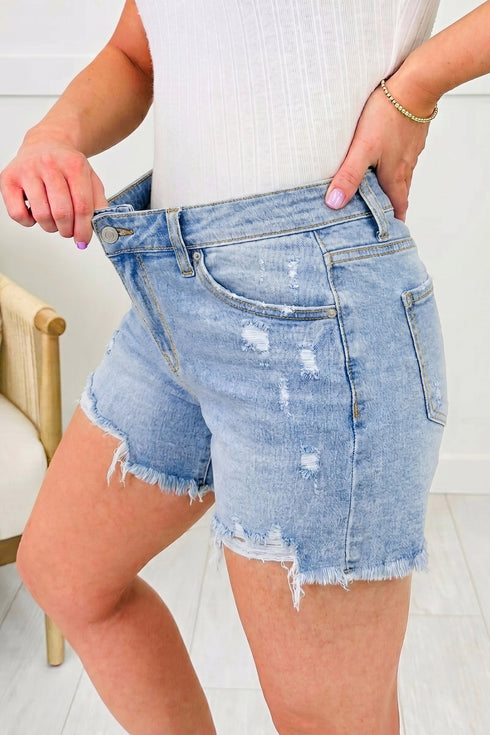 Asymmetric Raw Hem Distressed Whiskery Western Denim Shorts