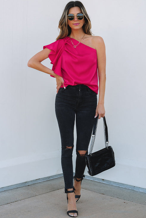 Asymmetric Ruffle Sleeve Smooth Satin Finish Elegant Blouse