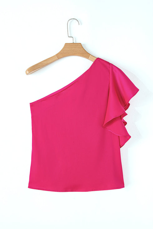 Asymmetric Ruffle Sleeve Smooth Satin Finish Elegant Blouse