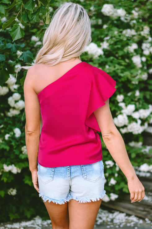 Asymmetric Ruffle Sleeve Smooth Satin Finish Elegant Blouse