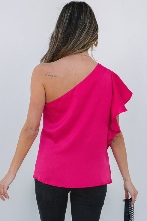Asymmetric Ruffle Sleeve Smooth Satin Finish Elegant Blouse