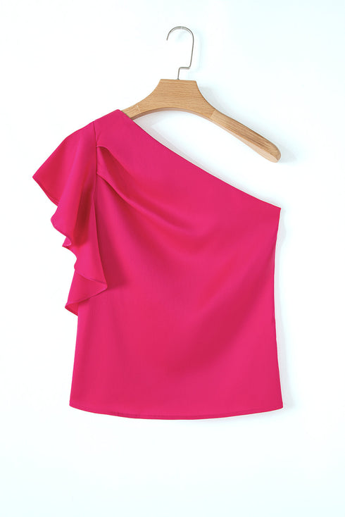Asymmetric Ruffle Sleeve Smooth Satin Finish Elegant Blouse