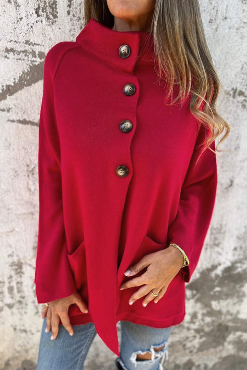 Asymmetrical Button Funnel Neck Pocketed Jacket