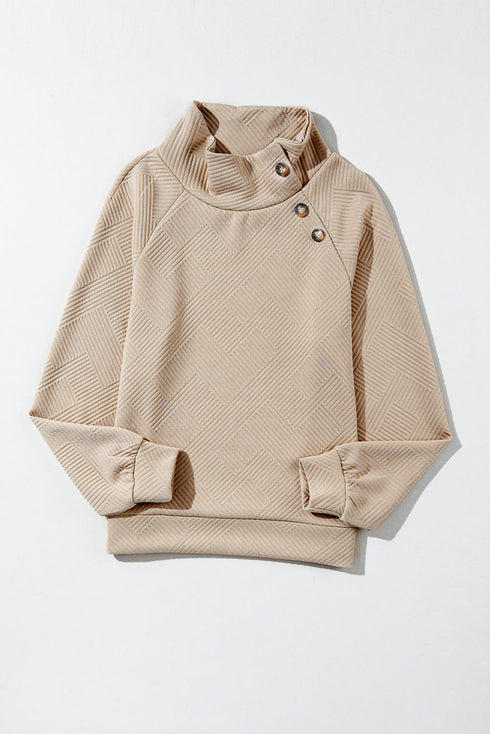 Asymmetrical Button Neck Geometric Textured Knit Pullover