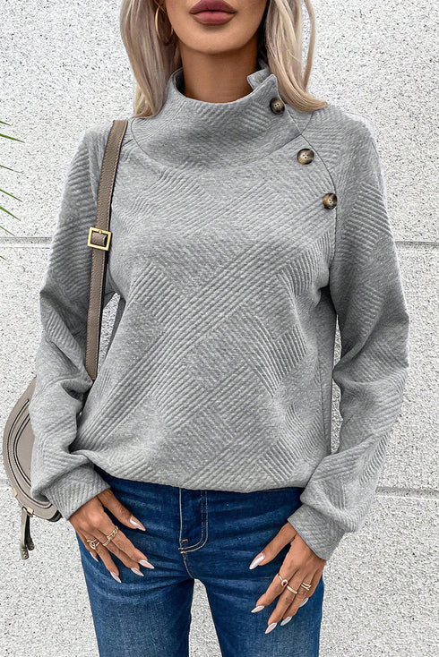 Asymmetrical Button Neck Geometric Textured Knit Pullover