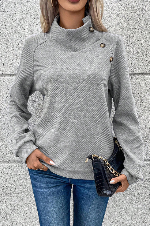 Asymmetrical Button Neck Geometric Textured Knit Pullover