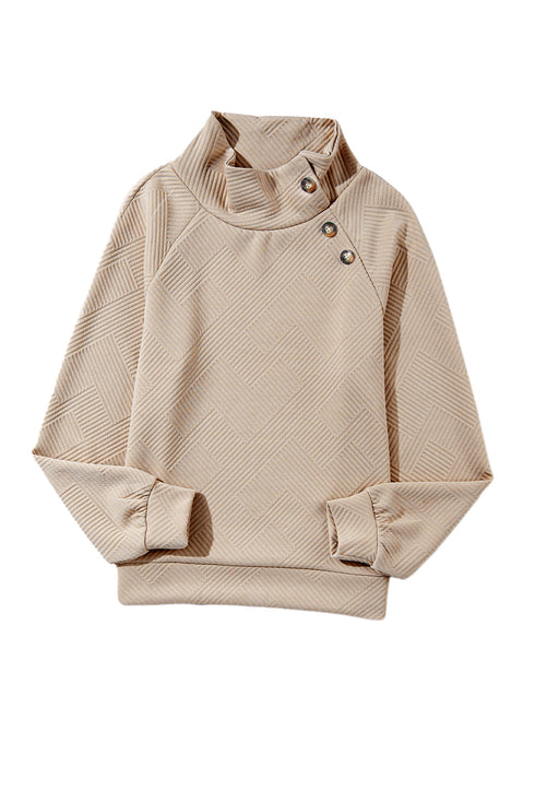 Asymmetrical Button Neck Geometric Textured Knit Pullover