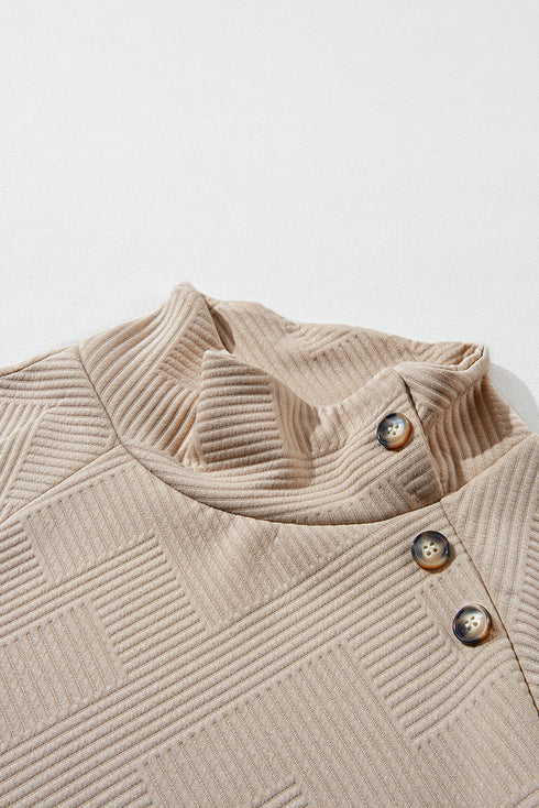 Asymmetrical Button Neck Geometric Textured Knit Pullover