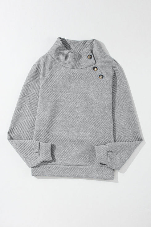 Asymmetrical Button Neck Geometric Textured Knit Pullover