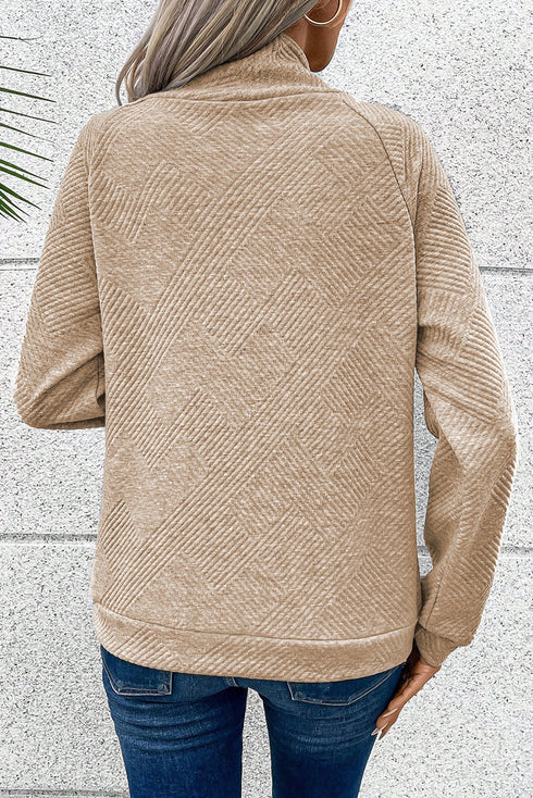 Asymmetrical Button Neck Geometric Textured Knit Pullover