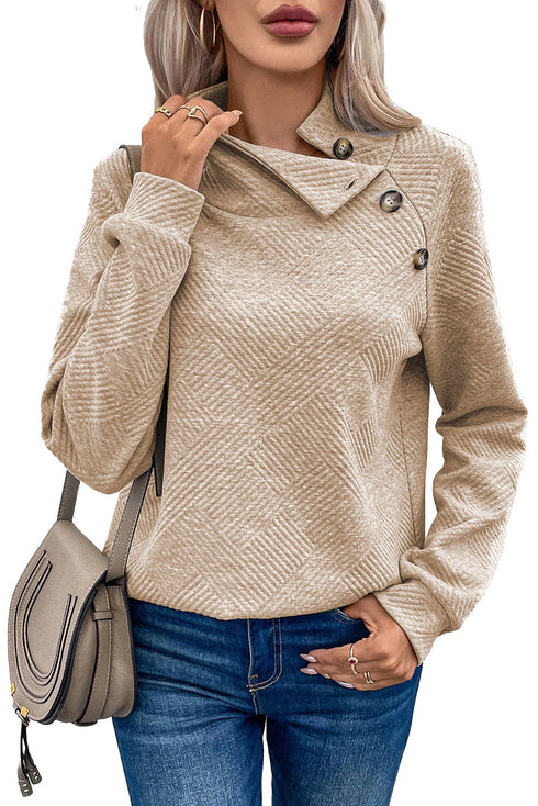 Asymmetrical Button Neck Geometric Textured Knit Pullover