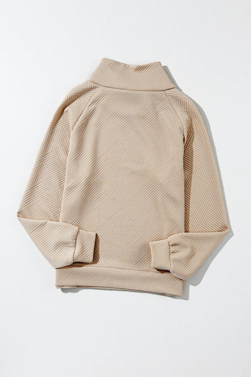 Asymmetrical Button Neck Geometric Textured Knit Pullover
