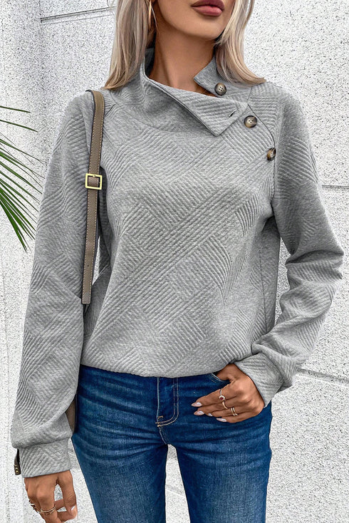 Asymmetrical Button Neck Geometric Textured Knit Pullover