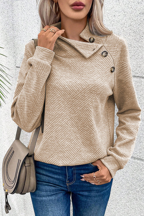 Asymmetrical Button Neck Geometric Textured Knit Pullover