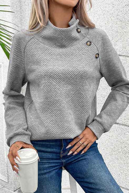 Asymmetrical Button Neck Geometric Textured Knit Pullover