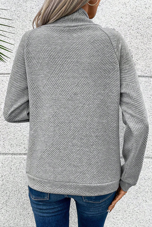 Asymmetrical Button Neck Geometric Textured Knit Pullover