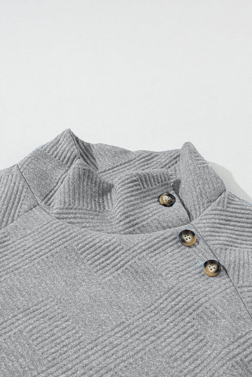 Asymmetrical Button Neck Geometric Textured Knit Pullover