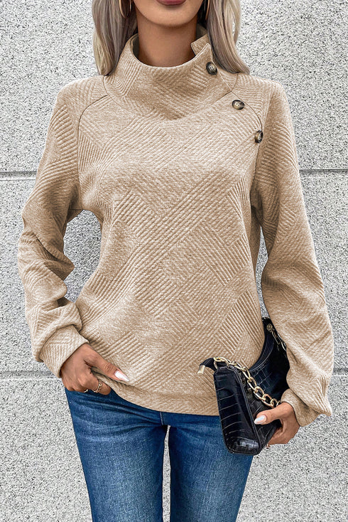 Asymmetrical Button Neck Geometric Textured Knit Pullover