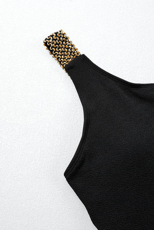 Asymmetrical Chain Detail Textured Cutout One Piece Swimsuit
