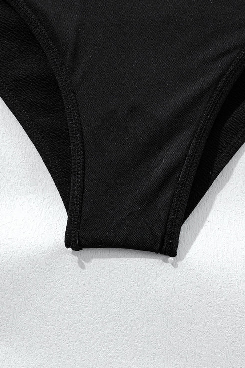 Asymmetrical Chain Detail Textured Cutout One Piece Swimsuit