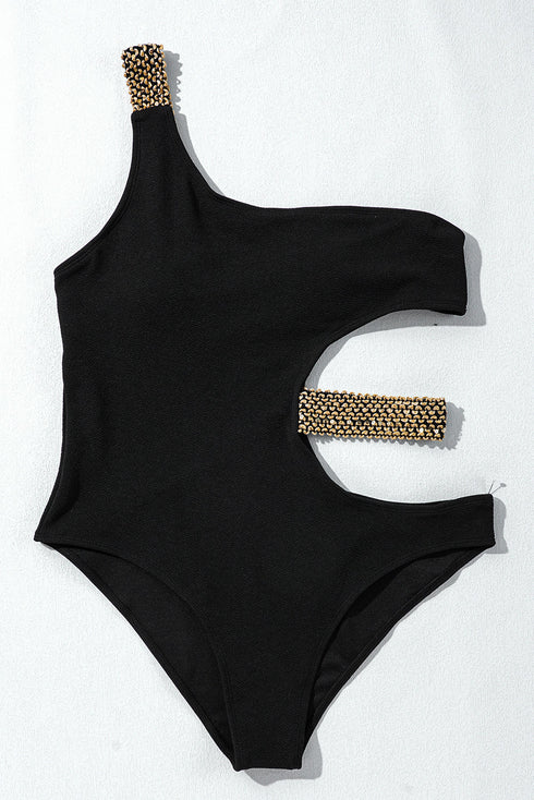 Asymmetrical Chain Detail Textured Cutout One Piece Swimsuit