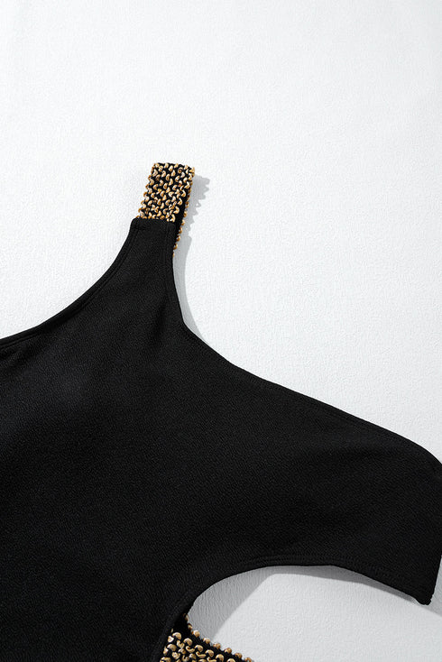 Asymmetrical Chain Detail Textured Cutout One Piece Swimsuit