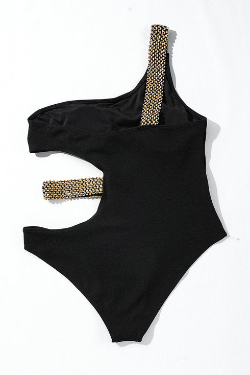 Asymmetrical Chain Detail Textured Cutout One Piece Swimsuit