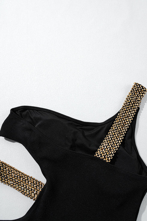 Asymmetrical Chain Detail Textured Cutout One Piece Swimsuit