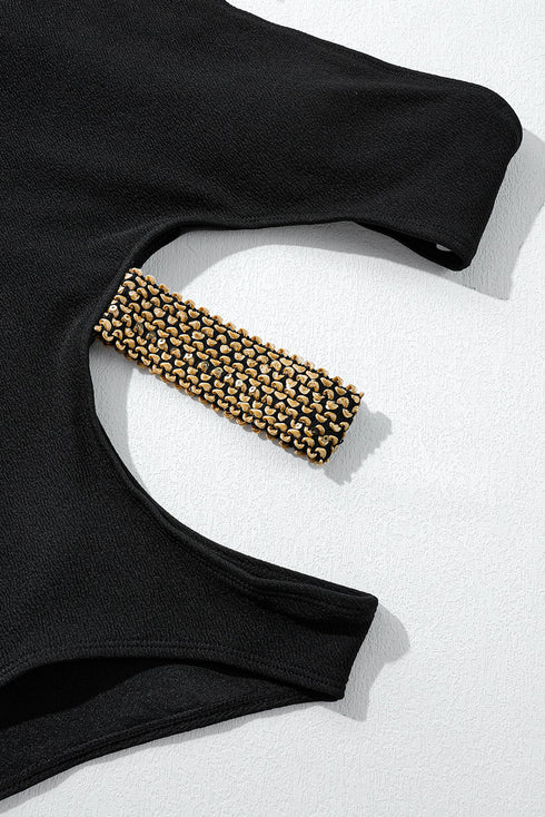 Asymmetrical Chain Detail Textured Cutout One Piece Swimsuit