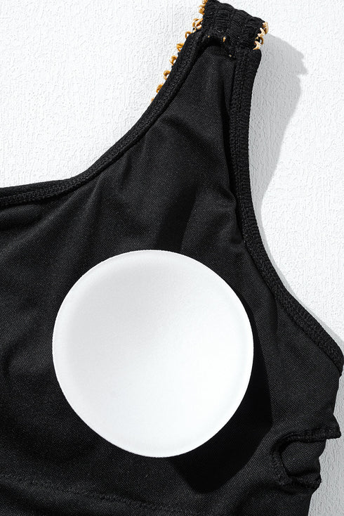 Asymmetrical Chain Detail Textured Cutout One Piece Swimsuit