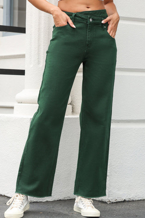 Asymmetrical Crossed Waist Raw Hem Shift Denim Jeans